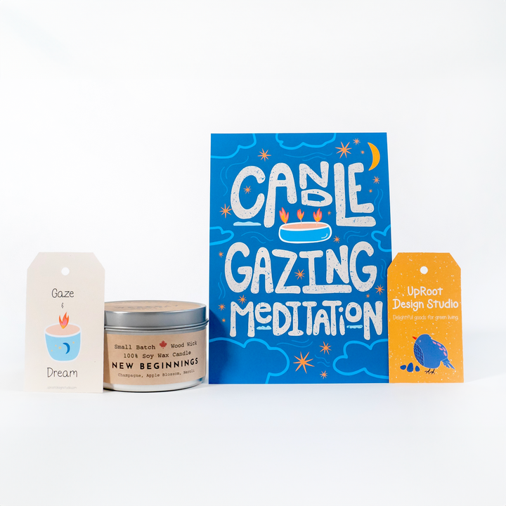 Winter Light Candle Relaxation Set: "New Beginnings" Scented Candle (Champagne, Apple Blossom & Neroli), Meditation Card + Mindfulness Journal (Winter Dreaming)