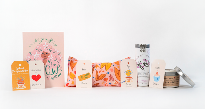 Encouragement Gift Box: Lavender Eye Pillow, Floral Tea, Honey, "Hey Beautiful" Candle, and Greeting Card (Natural Comforts / Winter Dreaming)