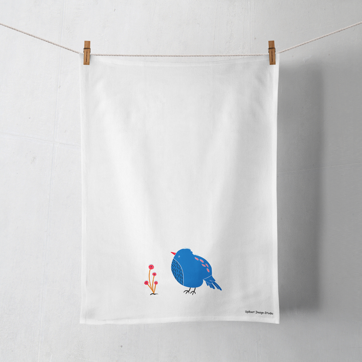 100% Organic Cotton "Blue Pouf Bird" Kitchen Tea Towel w. Hand-drawn Art (Tea Time/Winter Dreaming)