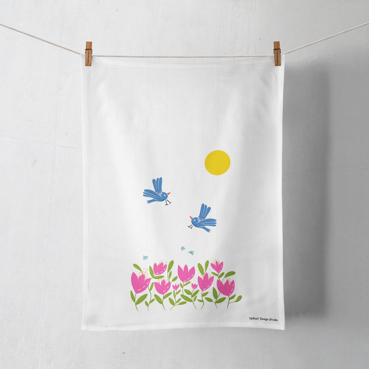 100% Organic Cotton "Breezy Spirit" Kitchen Tea Towels w. Hand-drawn Adorable Blue Pouf Bird, Tulips & Trees (Grow & Bloom)