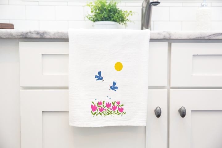 100% Organic Cotton "Breezy Spirit" Kitchen Tea Towels w. Hand-drawn Adorable Blue Pouf Bird, Tulips & Trees (Grow & Bloom)