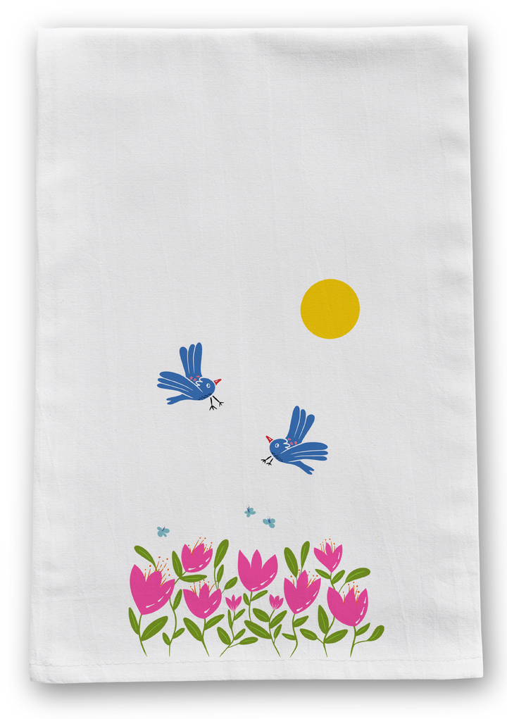 100% Organic Cotton "Breezy Spirit" Kitchen Tea Towels w. Hand-drawn Adorable Blue Pouf Bird, Tulips & Trees (Grow & Bloom)