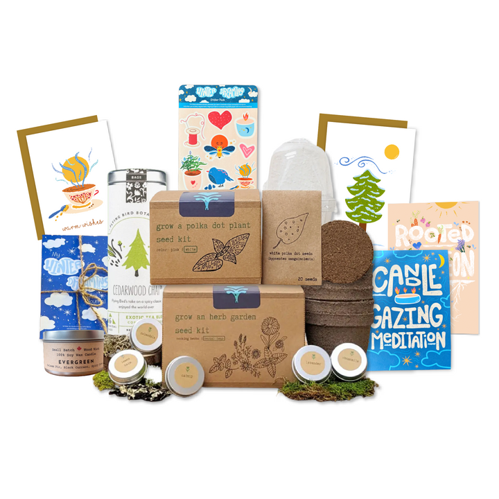 "Festive Garden" Gift Box: Chai, Stickers, Evergreen Candle, Cards, Meditations, Journal, Herbal Tea + White Polka-Dot Growing Kits (Winter Dreaming)
