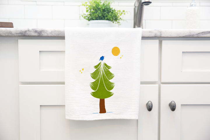 100% Organic Cotton "Pine Trees" Kitchen Tea Towels w. Hand-drawn Adorable Art - Assorted (Tea Time/Winter Forest)