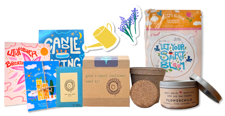"Flower Power" Gift Box w. Dwarf Sunflower, Embroidery Kit, Meditation Cards, Soy Candle, & Journal (Grow & Bloom)