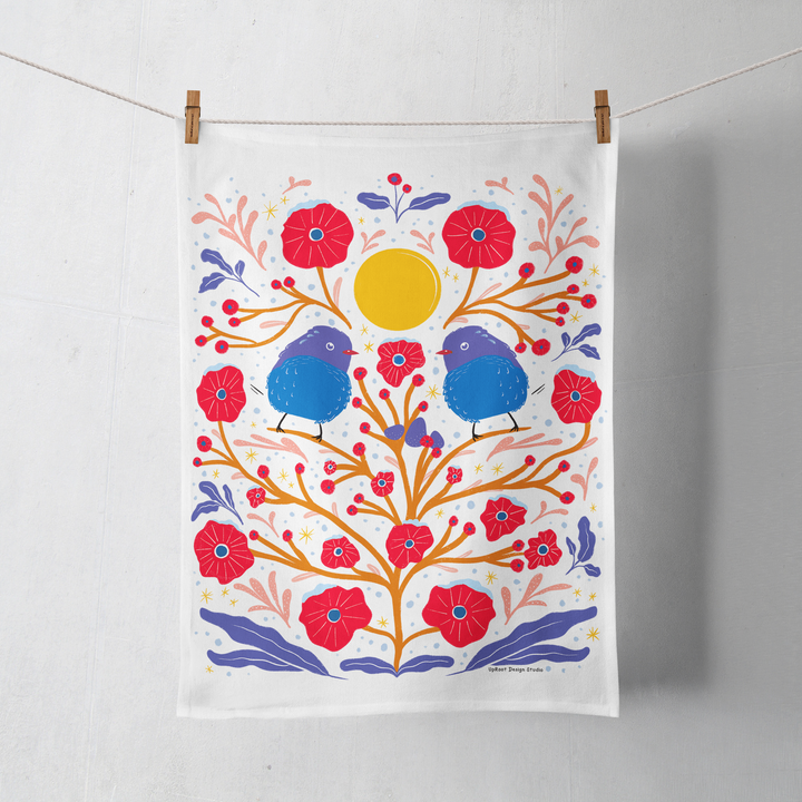 100% Organic Cotton "Fuzzy Birds" Kitchen Tea Towel w. Hand-drawn Fluffy Adorable Blue Birds & Red Flowers (Tea Time/Winter Forest)