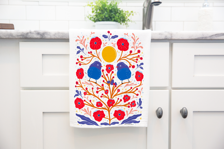 100% Organic Cotton "Fuzzy Birds" Kitchen Tea Towel w. Hand-drawn Fluffy Adorable Blue Birds & Red Flowers (Tea Time/Winter Forest)