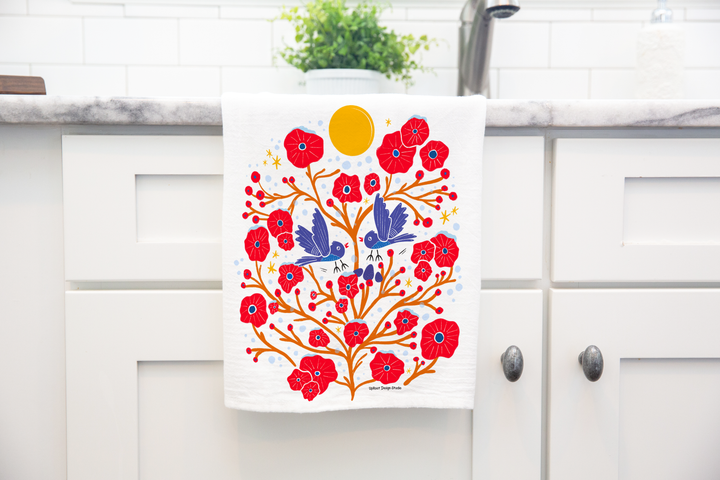 100% Organic Cotton "Flying Birds" Kitchen Tea Towel w. Hand-drawn Folk Art Blue Birds & Red Flowers (Tea Time/Winter Forest)