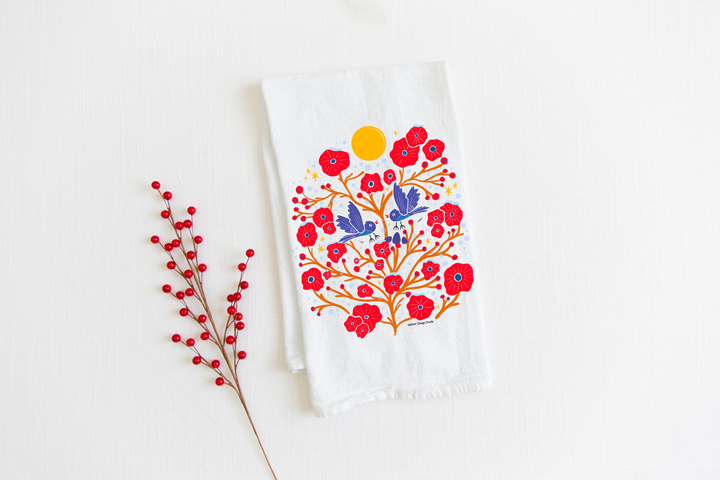 100% Organic Cotton "Flying Birds" Kitchen Tea Towel w. Hand-drawn Folk Art Blue Birds & Red Flowers (Tea Time/Winter Forest)