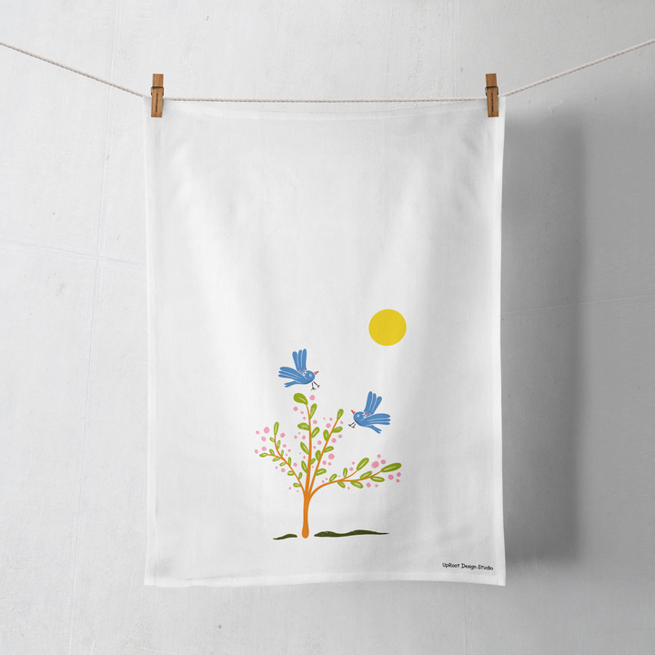 100% Organic Cotton "Breezy Spirit" Kitchen Tea Towels w. Hand-drawn Adorable Blue Pouf Bird, Tulips & Trees (Grow & Bloom)