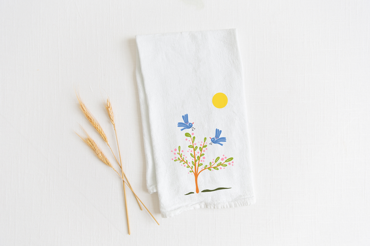 100% Organic Cotton "Breezy Spirit" Kitchen Tea Towels w. Hand-drawn Adorable Blue Pouf Bird, Tulips & Trees (Grow & Bloom)