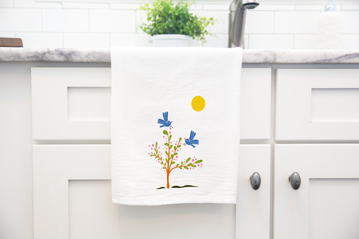 100% Organic Cotton "Breezy Spirit" Kitchen Tea Towels w. Hand-drawn Adorable Blue Pouf Bird, Tulips & Trees (Grow & Bloom)