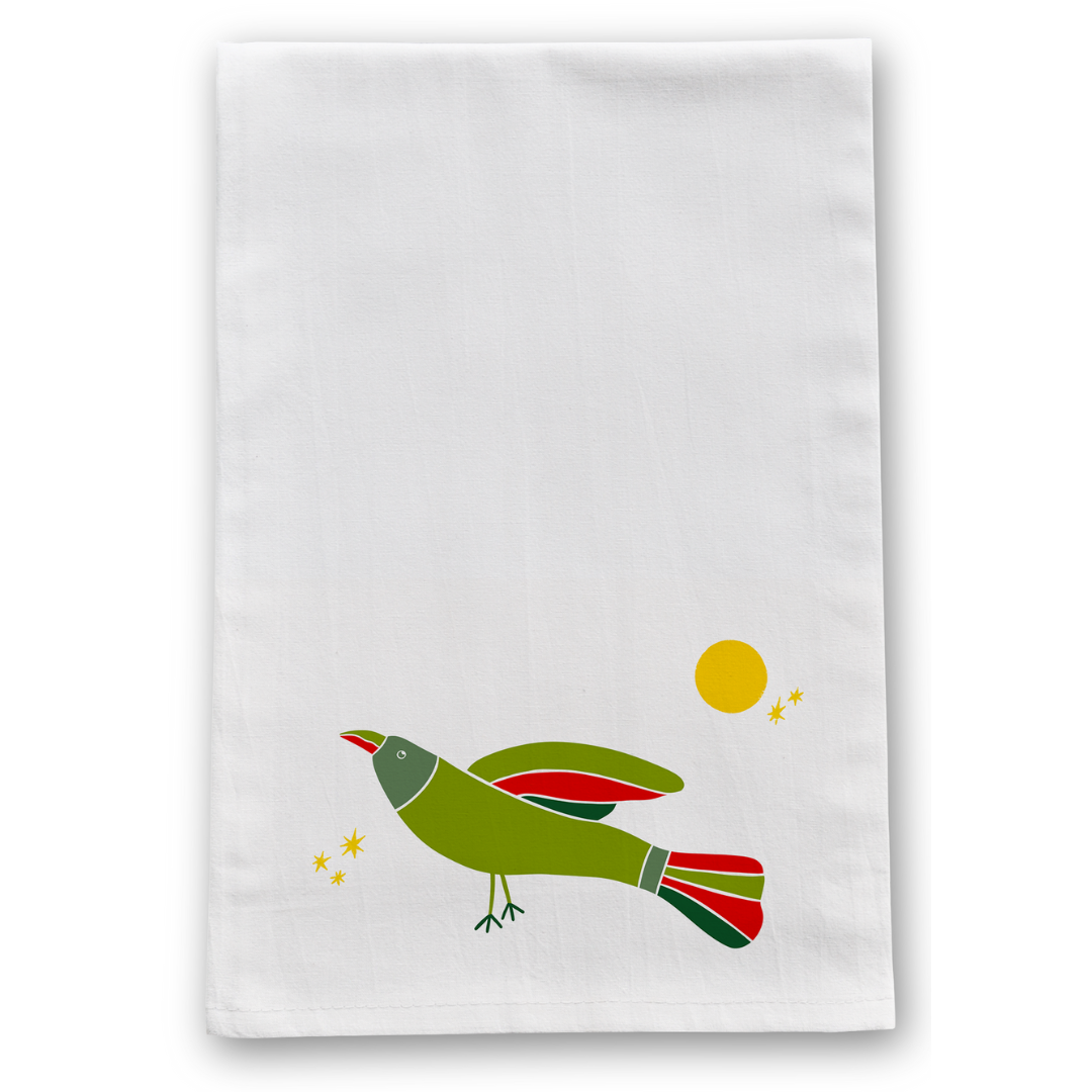 100% Organic Cotton "Soaring Birds" Kitchen Tea Towels w. Hand-drawn Adorable Art - Assorted (Tea Time/Winter Forest)