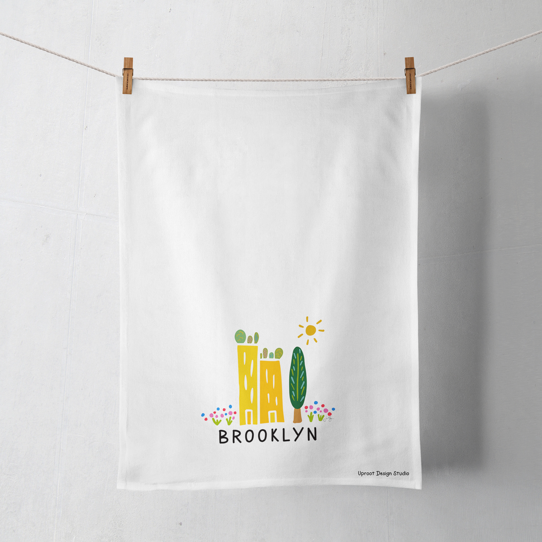100% Organic Cotton "Green Cities - Brooklyn" Kitchen Tea Towel w. Hand-drawn Adorable Art (Tea Time/Grow & Bloom)