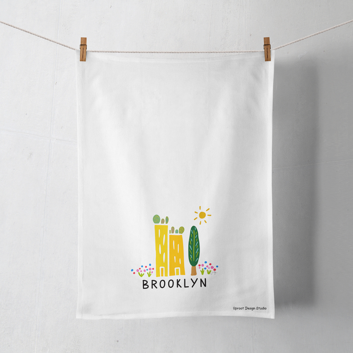 100% Organic Cotton "Green Cities - Brooklyn" Kitchen Tea Towel w. Hand-drawn Adorable Art (Tea Time/Grow & Bloom)