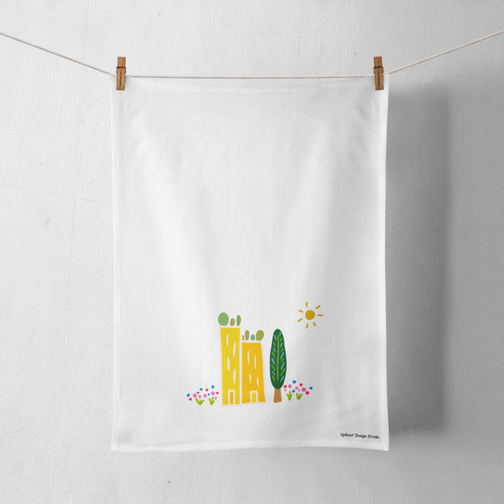 100% Organic Cotton "Green Cities" Kitchen Tea Towel w. Hand-drawn Adorable Art (Tea Time/Grow & Bloom)