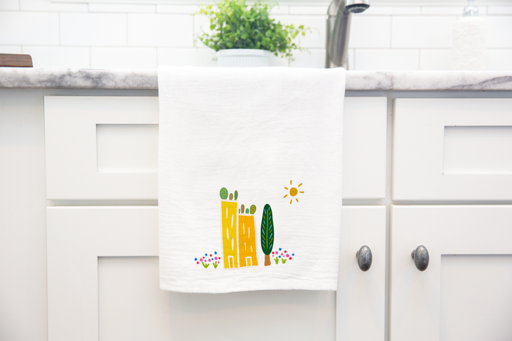 100% Organic Cotton "Green Cities" Kitchen Tea Towel w. Hand-drawn Adorable Art (Tea Time/Grow & Bloom)