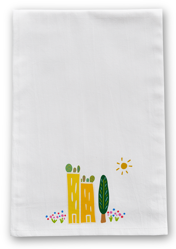 100% Organic Cotton "Green Cities" Kitchen Tea Towel w. Hand-drawn Adorable Art (Tea Time/Grow & Bloom)