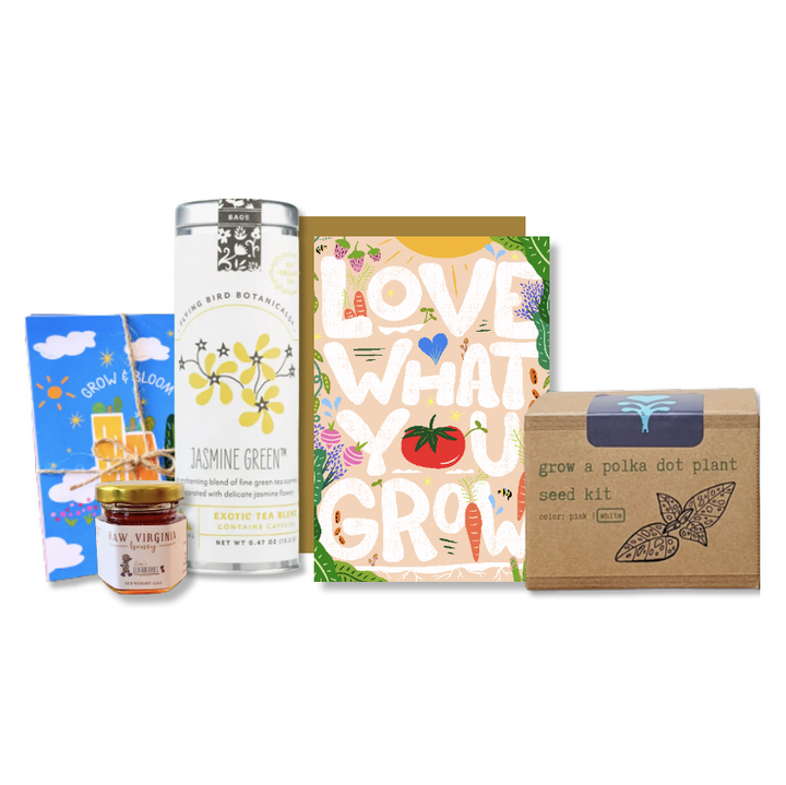 "Growing Joy" Trio Gift Set: Polka-Dot Plant Kit, Mindfulness Journal, "Jasmine Green" Tea, Honey, Greeting Card (Grow & Bloom)