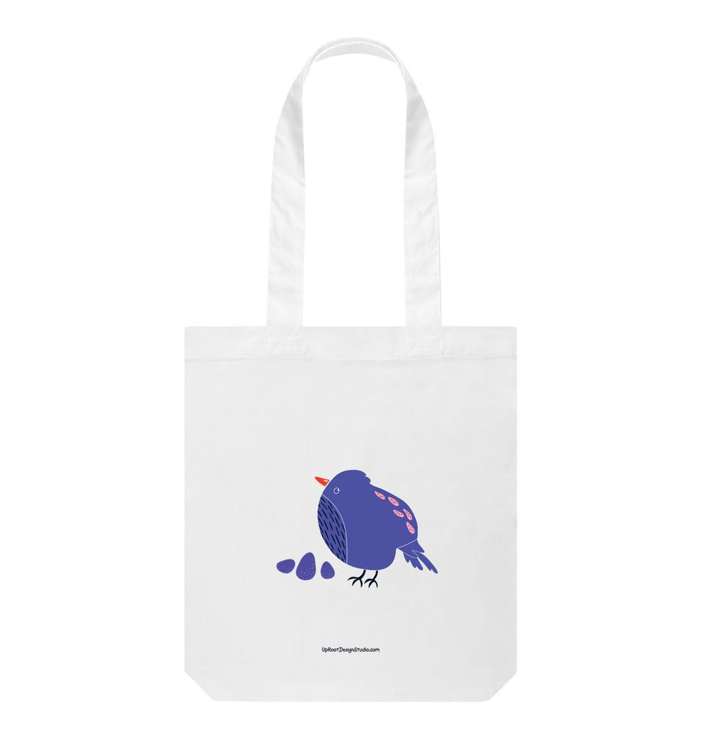 White Blue Pouf Bird 100% Organic Cotton Grocery Tote Bag w. Adorable Detailed Hand-Drawn Bird & Eggs