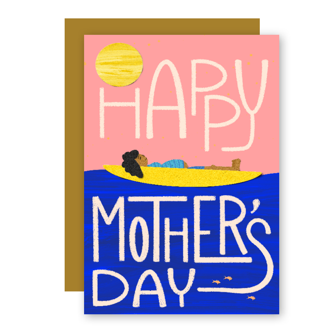 Happy Mother's Day Eco Recycled Greeting Card w. Hand-Drawn Art of Pregnant Person in Canoe Boat + Recycled Envelope, Blank inside