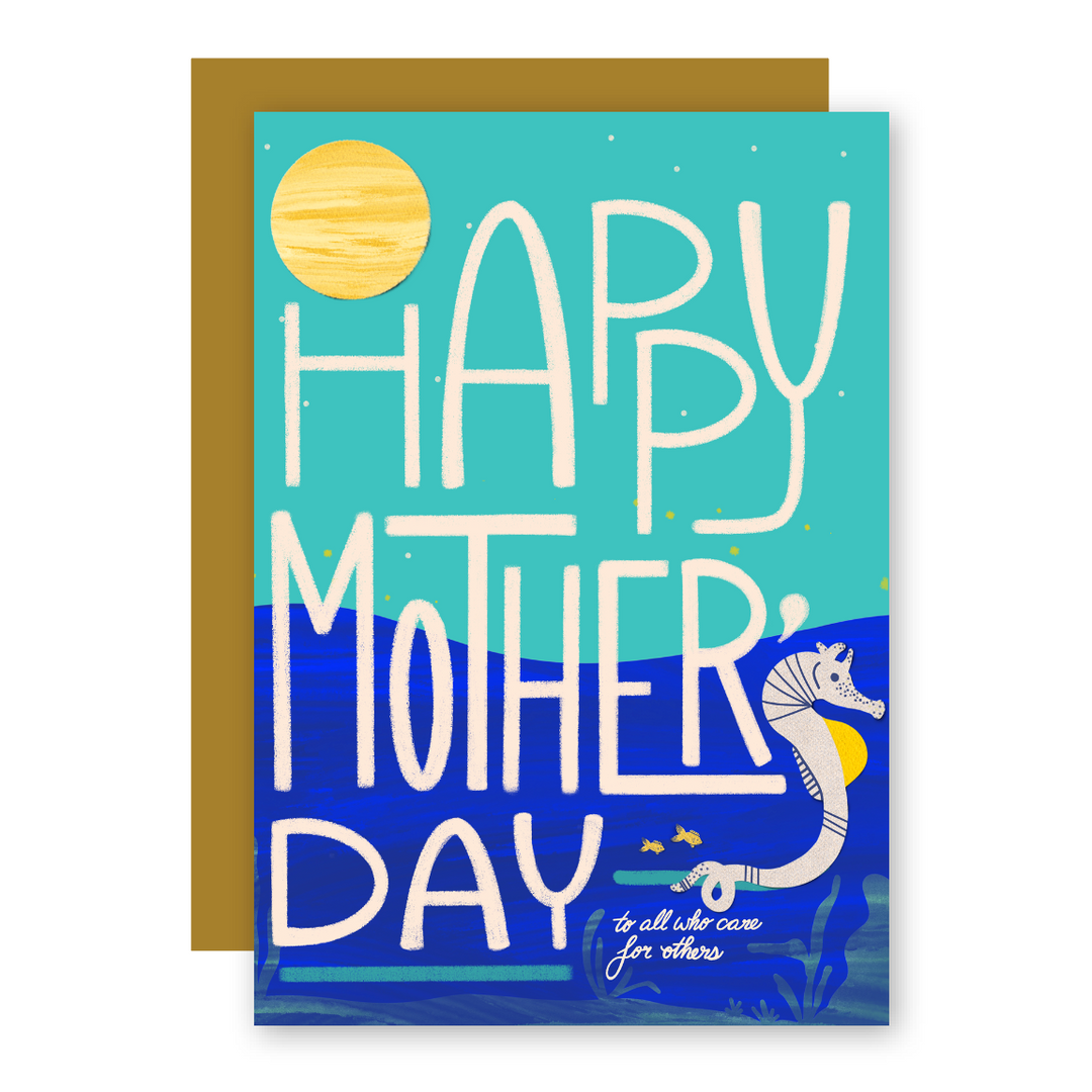 "Happy Mother's Day" Eco Recycled Greeting Card w. Hand-Drawn Art of Seahorse in the Ocean + Recycled Envelope, Blank inside