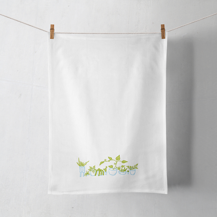 100% Organic Cotton "Whimsical Houseplants" Kitchen Tea Towel w. Hand-drawn Adorable Potted Plant Art (Tea Time/Plant Parenthood)