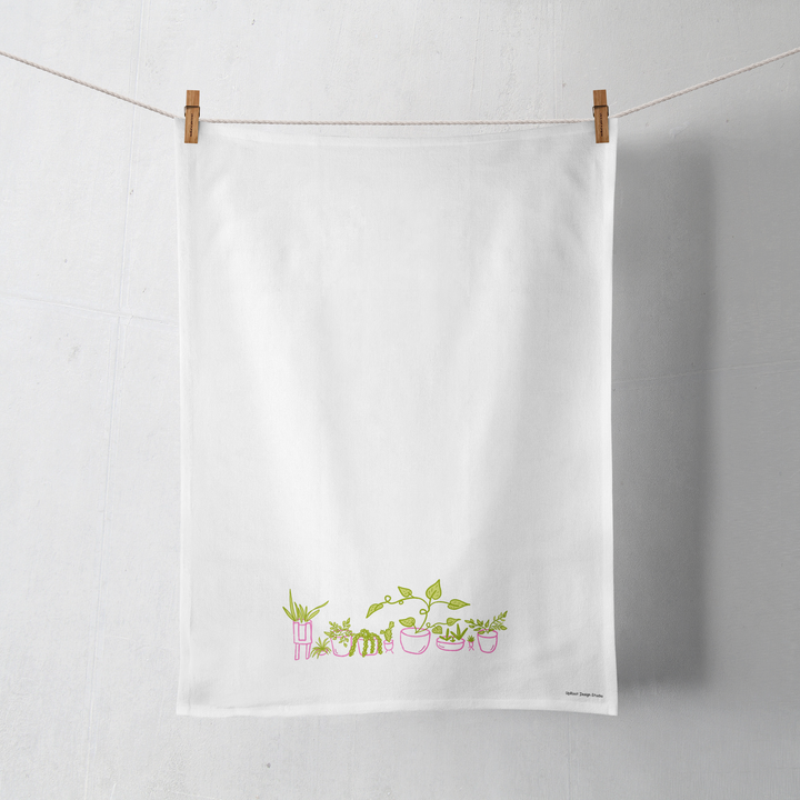 100% Organic Cotton "Whimsical Houseplants" Kitchen Tea Towel w. Hand-drawn Adorable Potted Plant Art (Tea Time/Plant Parenthood)