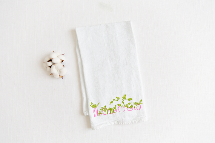 100% Organic Cotton "Whimsical Houseplants" Kitchen Tea Towel w. Hand-drawn Adorable Potted Plant Art (Tea Time/Plant Parenthood)