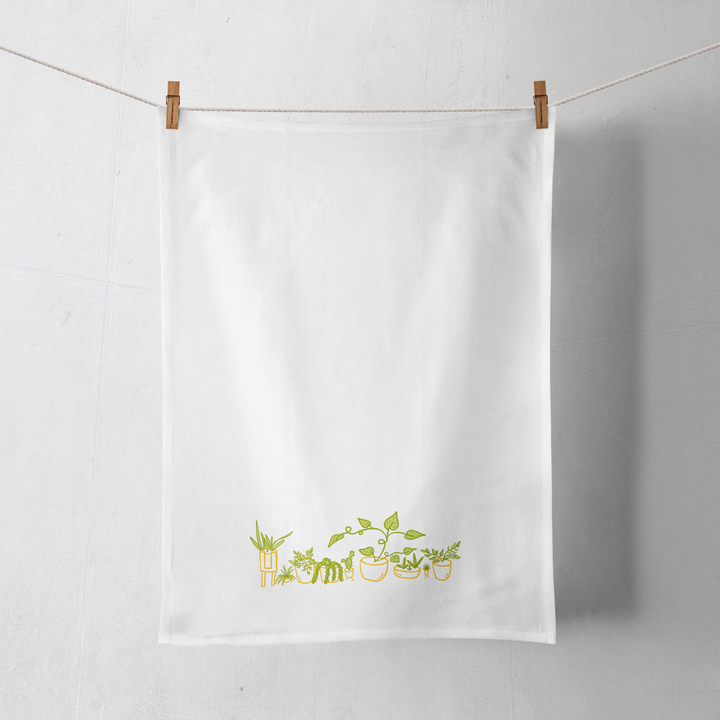 100% Organic Cotton "Whimsical Houseplants" Kitchen Tea Towel w. Hand-drawn Adorable Potted Plant Art (Tea Time/Plant Parenthood)