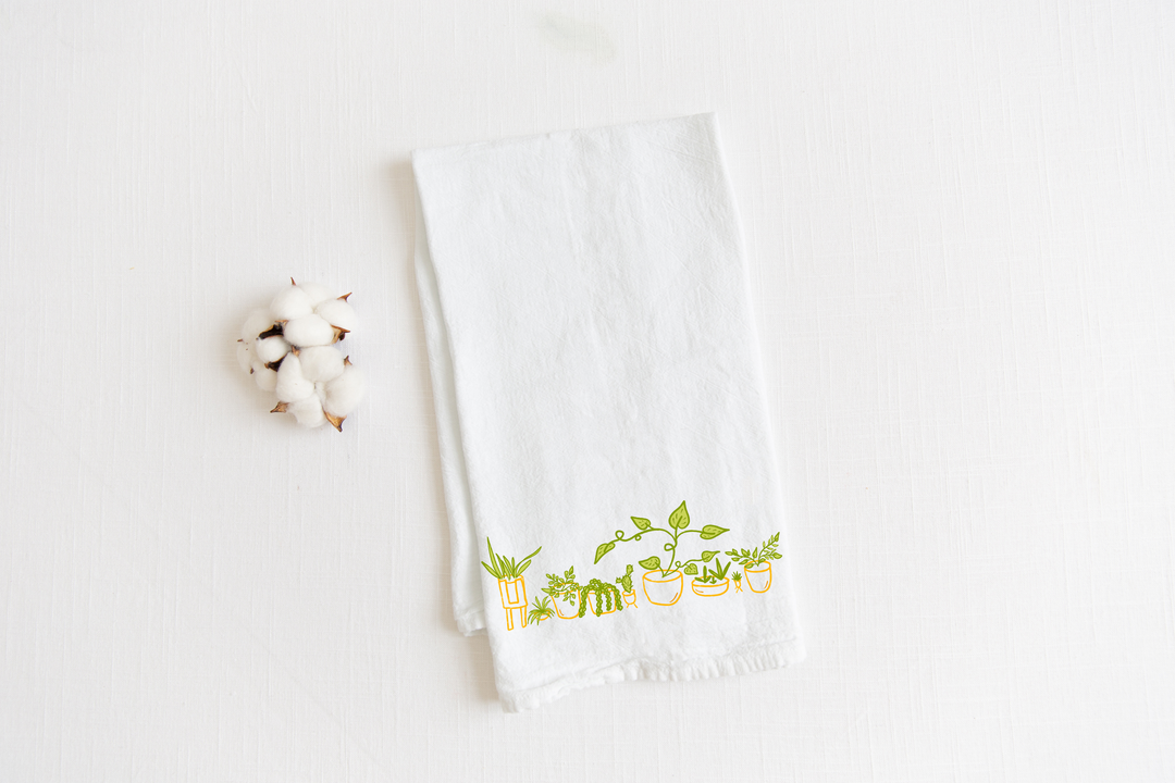 100% Organic Cotton "Whimsical Houseplants" Kitchen Tea Towel w. Hand-drawn Adorable Potted Plant Art (Tea Time/Plant Parenthood)