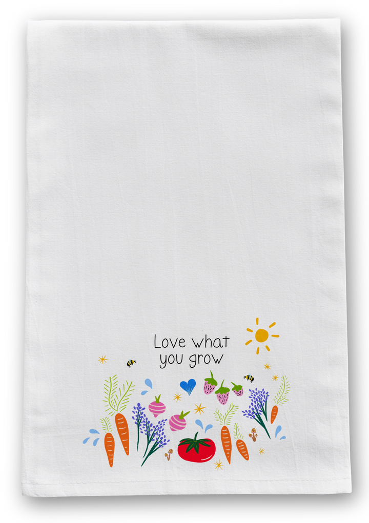100% Organic Cotton "Garden Party" Kitchen Tea Towel w. Hand-drawn Adorable Vegetables, Fruit & Bees (Tea Time/Grow & Bloom)
