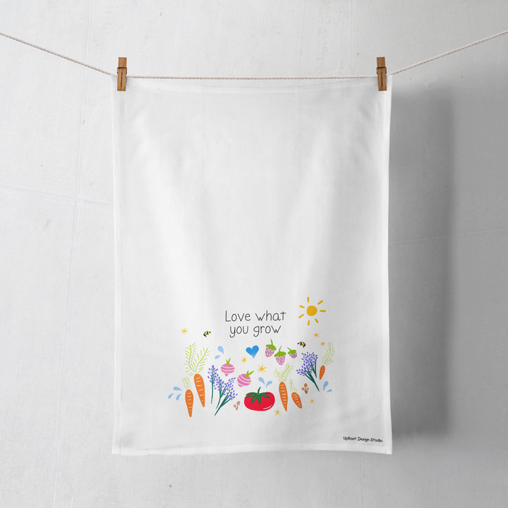 100% Organic Cotton "Garden Party" Kitchen Tea Towel w. Hand-drawn Adorable Vegetables, Fruit & Bees (Tea Time/Grow & Bloom)