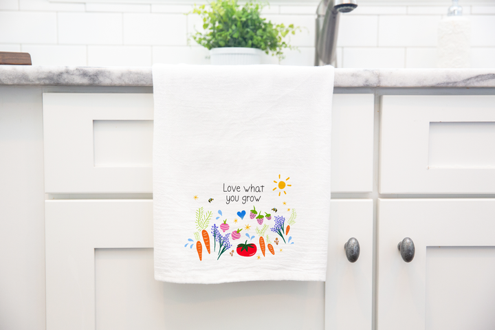 100% Organic Cotton "Garden Party" Kitchen Tea Towel w. Hand-drawn Adorable Vegetables, Fruit & Bees (Tea Time/Grow & Bloom)