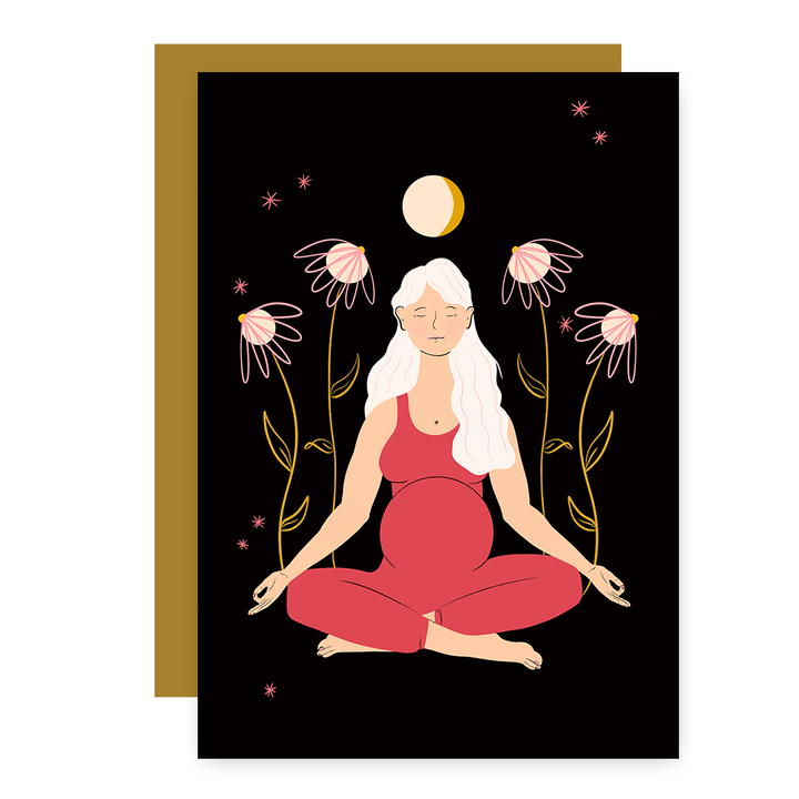 "Meditating Mama" Eco Recycled Greeting Card w. Hand-Drawn Art of Pregnant Person in Meditation Yoga Pose + Recycled Envelope, Blank inside