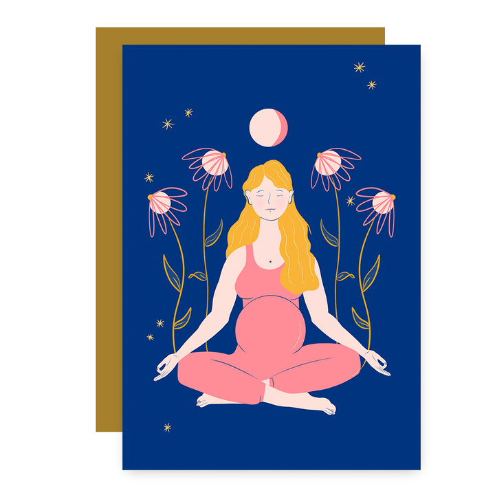 "Meditating Mama" Eco Recycled Greeting Card w. Hand-Drawn Art of Pregnant Person in Meditation Yoga Pose + Recycled Envelope, Blank inside