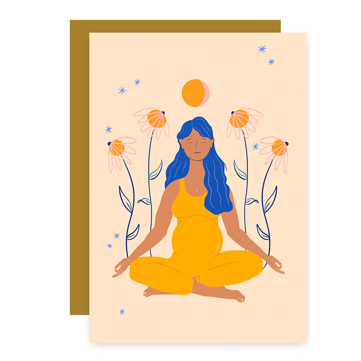 "Meditating Mama" Eco Recycled Greeting Card w. Hand-Drawn Art of Pregnant Person in Meditation Yoga Pose + Recycled Envelope, Blank inside