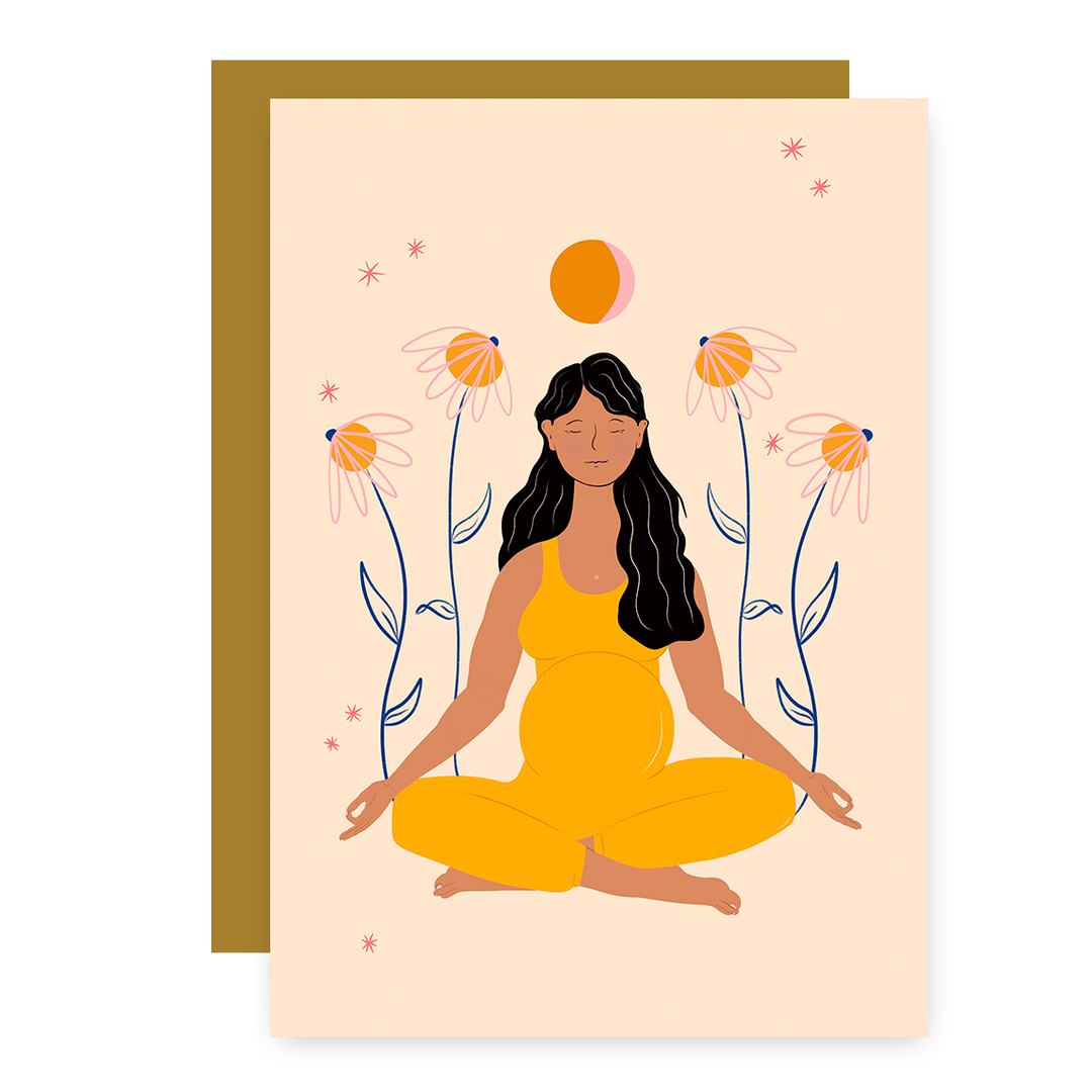 "Meditating Mama" Eco Recycled Greeting Card w. Hand-Drawn Art of Pregnant Person in Meditation Yoga Pose + Recycled Envelope, Blank inside