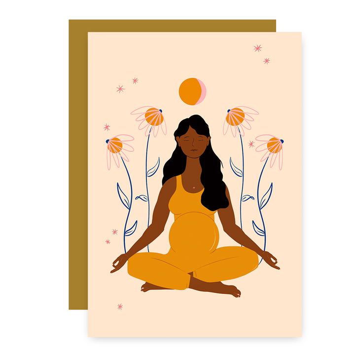 "Meditating Mama" Eco Recycled Greeting Card w. Hand-Drawn Art of Pregnant Person in Meditation Yoga Pose + Recycled Envelope, Blank inside