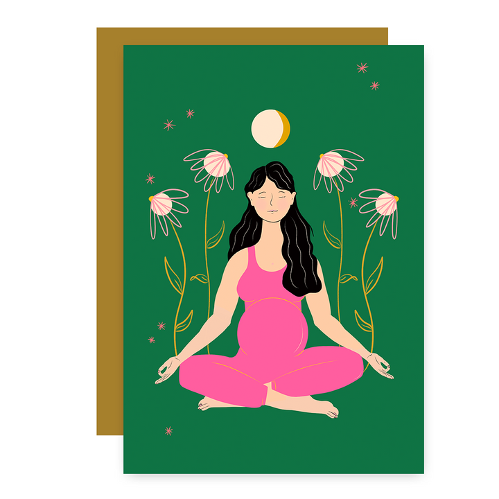 "Meditating Mama" Eco Recycled Greeting Card w. Hand-Drawn Art of Pregnant Person in Meditation Yoga Pose + Recycled Envelope, Blank inside