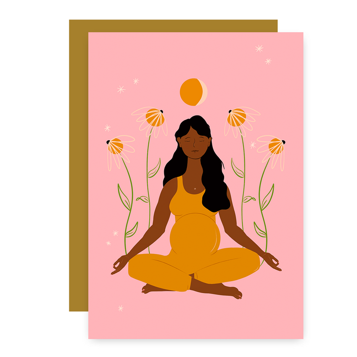 "Meditating Mama" Eco Recycled Greeting Card w. Hand-Drawn Art of Pregnant Person in Meditation Yoga Pose + Recycled Envelope, Blank inside