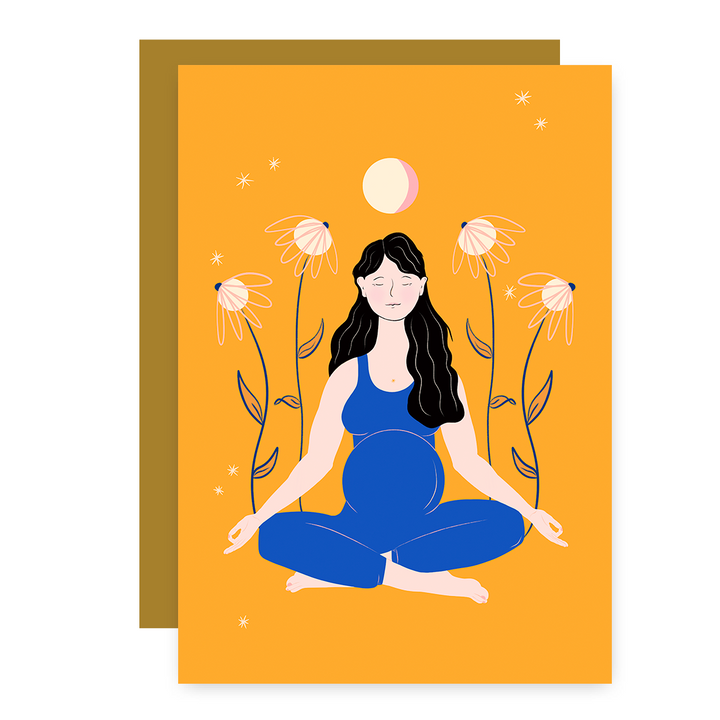 "Meditating Mama" Eco Recycled Greeting Card w. Hand-Drawn Art of Pregnant Person in Meditation Yoga Pose + Recycled Envelope, Blank inside
