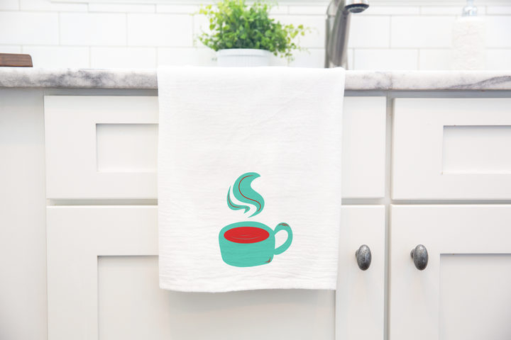 100% Organic Cotton "Warm Mug" Kitchen Tea Towels w. Hand-drawn Adorable Art - Assorted (Tea Time/Warm Wishes)