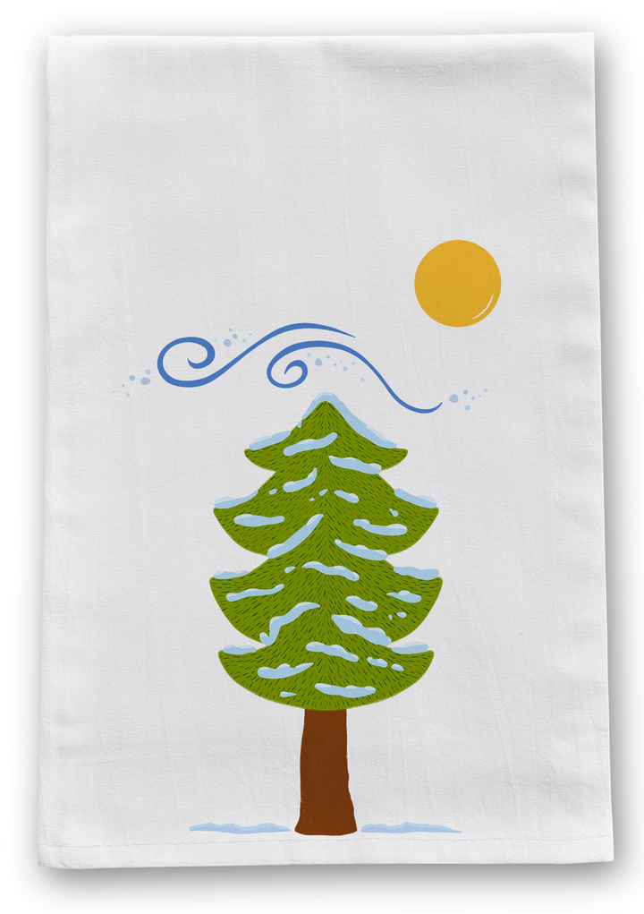100% Organic Cotton "Pine Trees" Kitchen Tea Towels w. Hand-drawn Adorable Art - Assorted (Tea Time/Winter Forest)