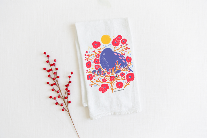 100% Organic Cotton "Bird in the Bush" Kitchen Tea Towel w. Hand-drawn Adorable Blue Bird & Red Flowers (Tea Time/Winter Dreaming)