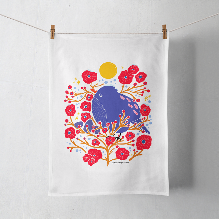 100% Organic Cotton "Bird in the Bush" Kitchen Tea Towel w. Hand-drawn Adorable Blue Bird & Red Flowers (Tea Time/Winter Dreaming)