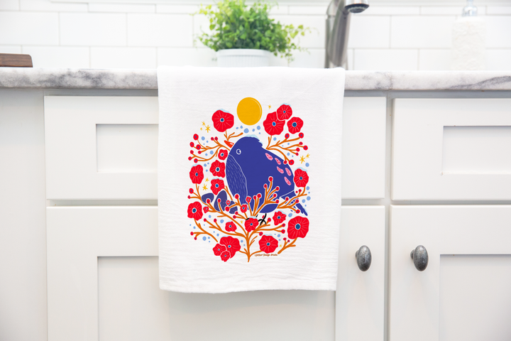 100% Organic Cotton "Bird in the Bush" Kitchen Tea Towel w. Hand-drawn Adorable Blue Bird & Red Flowers (Tea Time/Winter Dreaming)