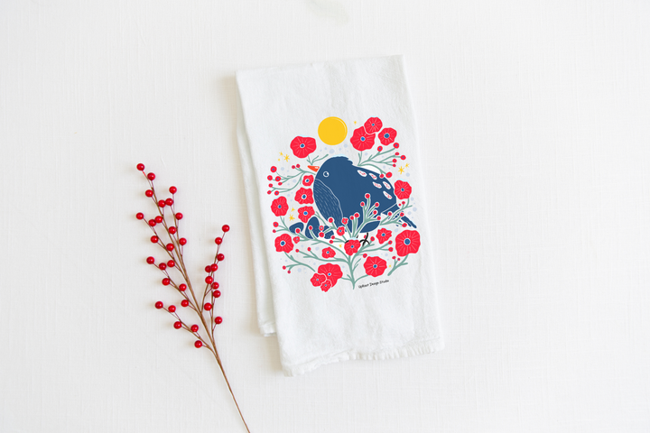 100% Organic Cotton "Bird in the Bush" Kitchen Tea Towel w. Hand-drawn Adorable Blue Bird & Red Flowers (Tea Time/Winter Dreaming)