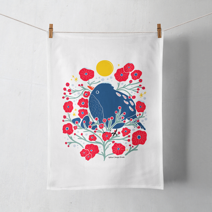 100% Organic Cotton "Bird in the Bush" Kitchen Tea Towel w. Hand-drawn Adorable Blue Bird & Red Flowers (Tea Time/Winter Dreaming)