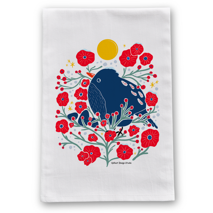 100% Organic Cotton "Bird in the Bush" Kitchen Tea Towel w. Hand-drawn Adorable Blue Bird & Red Flowers (Tea Time/Winter Dreaming)